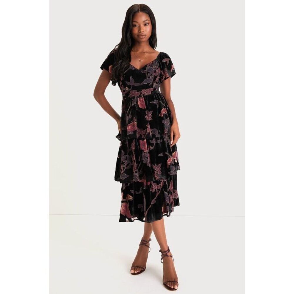 Lulus Oh-so Lovely Black Floral Burnout Velvet Tiered Midi Dress - Size L